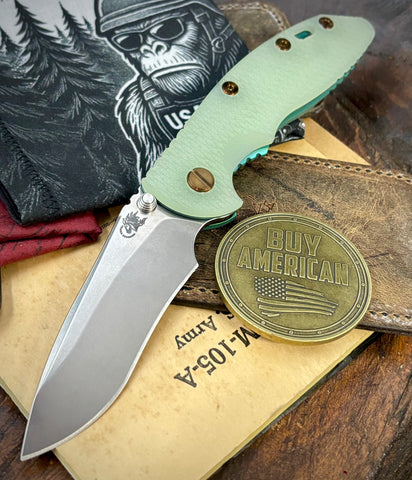 Toxic Anomascus Hinderer XM-18 3.5" Recurve Non-flipper Translucent Green G10 Customized Stonewashed Ti Stonewashed Magnacut Blade and Bronzed Out HW
