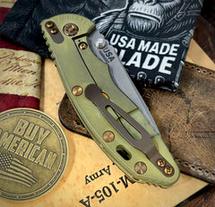 Battle Green Hinderer XM-18 3.5" Recurve Non-flipper Black G10 Customized Working Finish Ti Working Finish Magnacut Blade and Bronzed Out HW