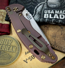 High Res Battle Purple Hinderer XM-18 3.5" Recurve Non-flipper Blue/Black G10 Customized Working Finish Ti Stonewashed Magnacut Blade and Bronzed Out HW