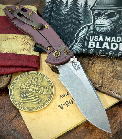 High Res Battle Purple Hinderer XM-18 3.5" Recurve Non-flipper Translucent Green G10 Customized Working Finish Ti Stonewashed Magnacut Blade and Bronzed Out HW