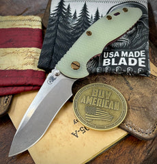 High Res Battle Purple Hinderer XM-18 3.5" Recurve Non-flipper Translucent Green G10 Customized Working Finish Ti Stonewashed Magnacut Blade and Bronzed Out HW