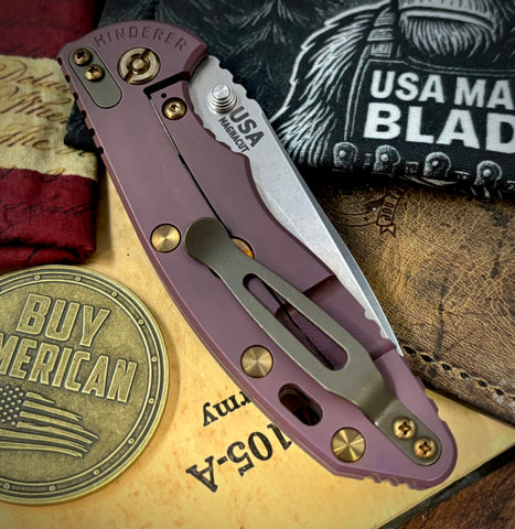 High Res Battle Purple Hinderer XM-18 3.5" Recurve Non-flipper Translucent Green G10 Customized Working Finish Ti Stonewashed Magnacut Blade and Bronzed Out HW