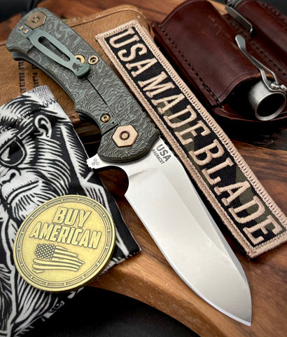 Topo Ammo Can Green Project X Sheepsfoot Black G10 Customized Working Finish Ti with Stonewashed Magnacut Blade Bronzed Out HW and Sasquatched Clip