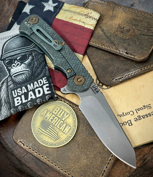Topo Ammo Can Green Project X Sheepsfoot Black G10 Customized Working Finish Ti with Stonewashed Magnacut Blade Bronzed Out HW and Sasquatched Clip