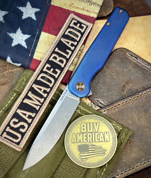 Carolina Blue Anodized Rockwall Flipper with Stonewashed Magnacut Blade Countoured Ti Handles with Ti Hardware from Tactile Knife Co.