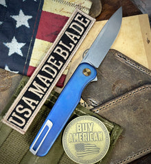 Carolina Blue Anodized Rockwall Flipper with Stonewashed Magnacut Blade Countoured Ti Handles with Ti Hardware from Tactile Knife Co. - USA MB