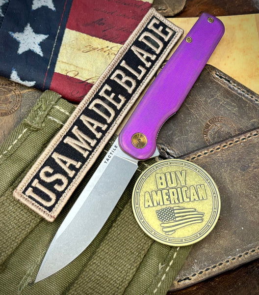 High Res Slate Purple Rockwall Flipper with Magnacut Blade Countoured Ti Handles with bronze ti hardware from Tactile Knife Co.