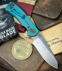 High Res Teal Green Project X Sheepsfoot Blue/Black G10 Customized Stonewashed Ti with Stonewashed Magnacut Blade and Bronzed Out HW