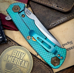 High Res Teal Green Project X Sheepsfoot Blue/Black G10 Customized Stonewashed Ti with Stonewashed Magnacut Blade and Bronzed Out HW