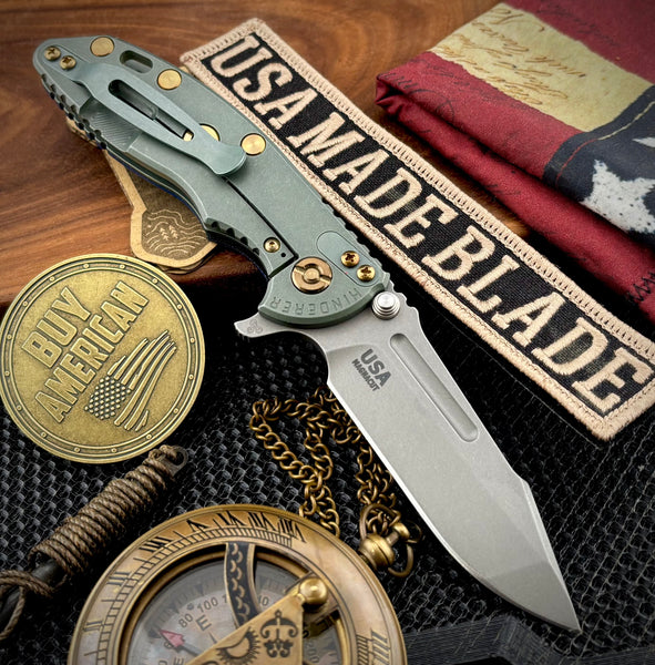Ammo Can Green Hinderer XM-18 3.25 Fullered Harpoon Spanto Blue/Black G10 Customized Ti and Working Finish Magnacut Blade with Bronzed Out HW