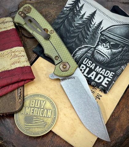 Battle Green Project X Slip Point Blade OD Green G10 Anodized Working Finish Ti with Stonewashed Finish S45VN Clip Point Blade and Bronzed Out HW