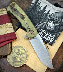 Battle Green Project X Slip Point Blade OD Green G10 Anodized Working Finish Ti with Stonewashed Finish S45VN Clip Point Blade and Bronzed Out HW