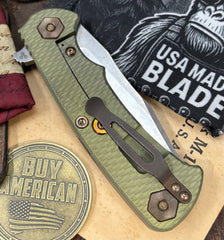 Battle Green Project X Slip Point Blade OD Green G10 Anodized Working Finish Ti with Stonewashed Finish S45VN Clip Point Blade and Bronzed Out HW