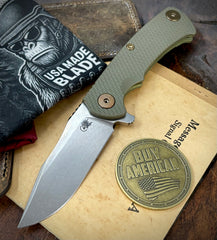 Battle Green Project X Slip Point Blade OD Green G10 Anodized Working Finish Ti with Stonewashed Finish S45VN Clip Point Blade and Bronzed Out HW