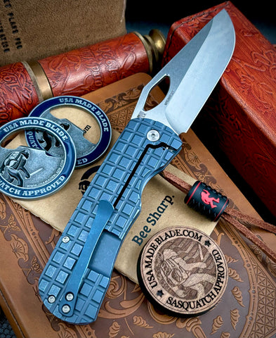 McNees Knives Dixon Full Ti Atomic Blue Frag Ti with 3.75" Magnacut Satin Stonewashed Blade and Satin Hardware