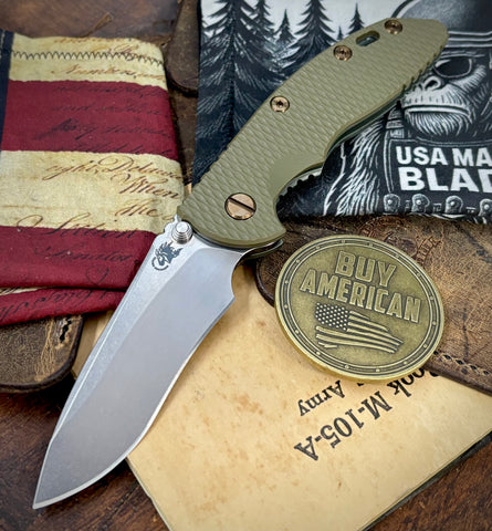 Topo Ammo Can Green Hinderer XM-18 3.5" Recurve Non-flipper OD Green G10 Working Finish Ti Stonewashed Magnacut Blade Bronzed Out HW and Squatched Clip