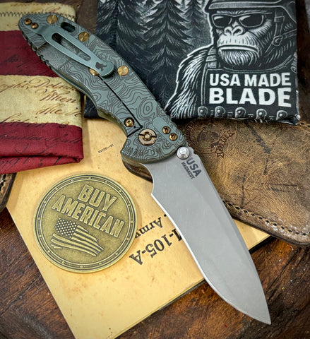 Topo Ammo Can Green Hinderer XM-18 3.5" Recurve Non-flipper OD Green G10 Working Finish Ti Working Finish Magnacut Blade Bronzed Out HW and Squatched Clip