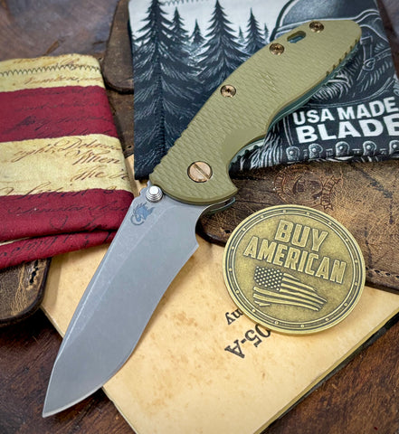 Topo Ammo Can Green Hinderer XM-18 3.5" Recurve Non-flipper OD Green G10 Working Finish Ti Working Finish Magnacut Blade Bronzed Out HW and Squatched Clip