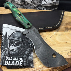T.M. Hunt M14 #86  Maple Ambrosia Green Handles with Forced Patina O1 Tool Steel and Leather Sheath - USA MB