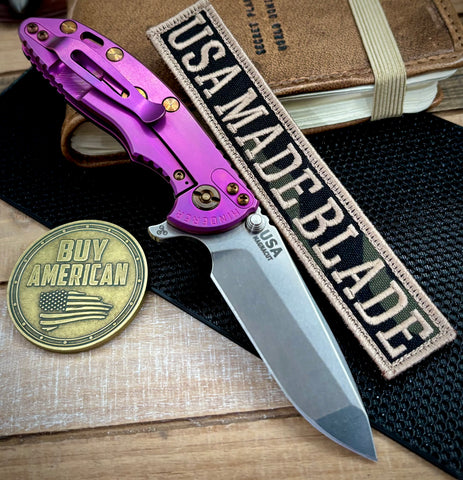 High Res Purple Hinderer XM-18 3.25 Spanto Stonewashed Ti Black G10 Magnacut Stonewashed Blade with Bronzed Out HW - USA MB