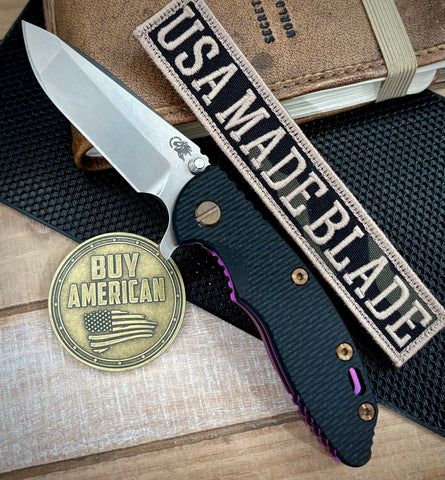 High Res Purple Hinderer XM-18 3.25 Spanto Stonewashed Ti Black G10 Magnacut Stonewashed Blade with Bronzed Out HW - USA MB