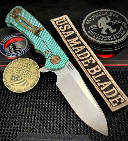 High Res Turquoise Project X Sheepsfoot Trtanslucent Green G10 Customized Stonewashed Ti with Stonewashed Magnacut Blade and Bronzed Out HW