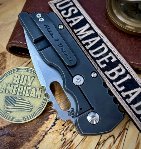 A2D Mark 2 Large Stonewashed Satin Drop Point Rising Grind Magnacut Blade Desert Ironwood Inlay with Blackened Ti on Washers