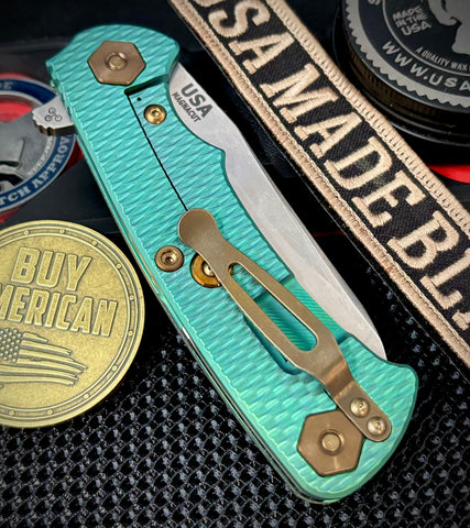 High Res Turquoise Project X Sheepsfoot Trtanslucent Green G10 Customized Stonewashed Ti with Stonewashed Magnacut Blade and Bronzed Out HW