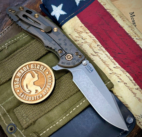 Battled Stars & Stripes Hinderer XM-18 3.5" Skinny Harpoon Spanto Battle Bronze Ti OD Green G10 Magnacut Working Finish Blade Bronzed Out HW