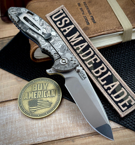 Topo Hinderer XM-18 3.25 Spanto Blue/Black G10 Stonewashed Topo Ti Magnacut Stonewashed Blade and Sasquatch Clip - USA MB