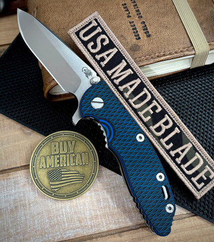 Topo Hinderer XM-18 3.25 Spanto Blue/Black G10 Stonewashed Topo Ti Magnacut Stonewashed Blade and Sasquatch Clip - USA MB
