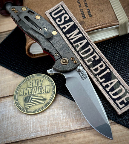 Topo Battle Bronze Hinderer XM-18 3.25 Spanto Red G10 Anodized Working Finish Topo Ti Working Finish Magnacut Blade and Sasquatch Clip - USA MB