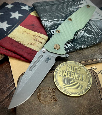 Ammo Can Green Hinderer Eklipse 3.5" Skinny Fullered Harpoon Spanto Translucent Green G10 Anodized Working Finish Ti and Working Finish Magnacut Blade with bronzed out hardware