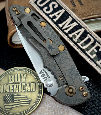 Topo Battle Bronze Hinderer XM-18 3.25 Spanto Red G10 Anodized Working Finish Topo Ti Working Finish Magnacut Blade and Sasquatch Clip - USA MB
