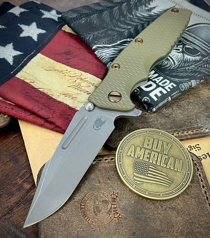 Ammo Can Green Hinderer Eklipse 3.5" Skinny Fullered Harpoon Spanto OD Green G10 Anodized Working Finish Ti and Working Finish Magnacut Blade with bronzed out hardware
