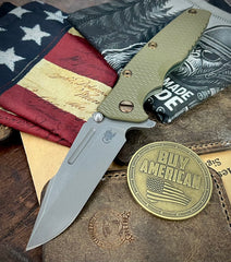 Ammo Can Green Hinderer Eklipse 3.5" Skinny Fullered Harpoon Spanto OD Green G10 Anodized Working Finish Ti and Working Finish Magnacut Blade with bronzed out hardware