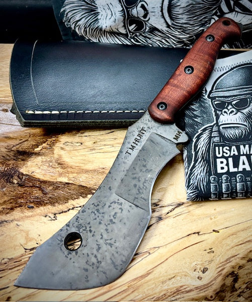 T.M. Hunt M14 #94 Brown Curly Maple Handles with Forced Patina O1 Tool Steel and Leather Sheath