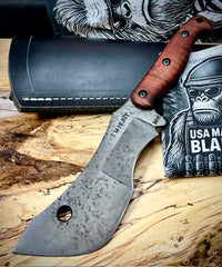 T.M. Hunt M14 #94 Brown Curly Maple Handles with Forced Patina O1 Tool Steel and Leather Sheath - USA MB