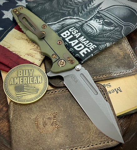 Battle Green Hinderer Eklipse 3.5" Skinny Fullered Harpoon Spanto Black G10 Anodized Working Finish Ti with Working Finish  Magnacut Blade with bronzed out hardware