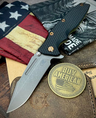 Battle Green Hinderer Eklipse 3.5" Skinny Fullered Harpoon Spanto Black G10 Anodized Working Finish Ti with Working Finish  Magnacut Blade with bronzed out hardware