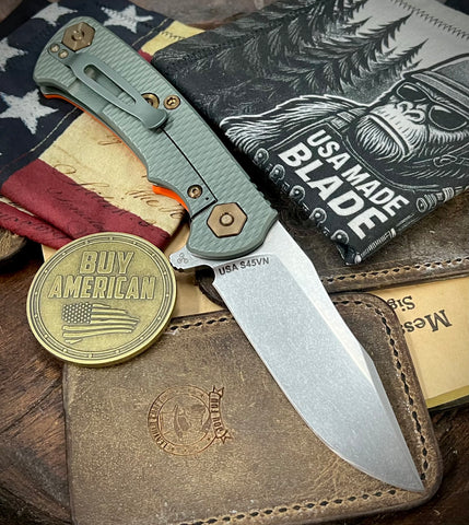 Ammo Can Green Project X Orange G10 Anodized Working Finish Ti with Stonewashed Finish S45VN Clip Point Blade and Bronzed Out HW