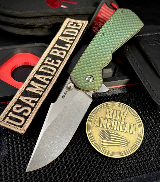 A2D Delta Shipwrecked Anodized Double Divot Titanium Harpoon Rising Grind Stonewashed Satin Magnacut Blade on Bearings