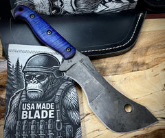 T.M. Hunt M14 #95 Puprle/Blue Curly Maple Handles with Forced Patina O1 Tool Steel and Leather Sheath - USA MB
