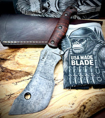 T.M. Hunt M14 #96 Brown Curly Maple Handles with Forced Patina O1 Tool Steel and Leather Sheath - USA MB