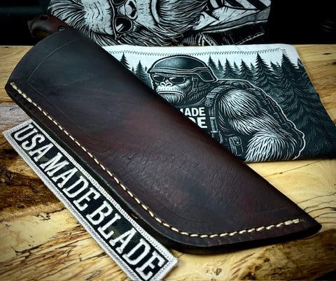 T.M. Hunt M14 #96 Brown Curly Maple Handles with Forced Patina O1 Tool Steel and Leather Sheath - USA MB