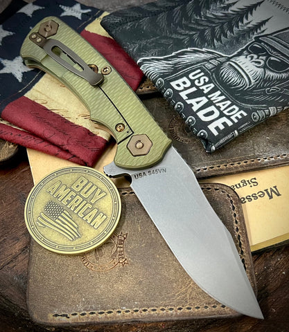 Battle Green Project X Coyote G10 Anodized Working Finish Ti with Working Finish S45VN Clip Point Blade and Bronzed Out HW