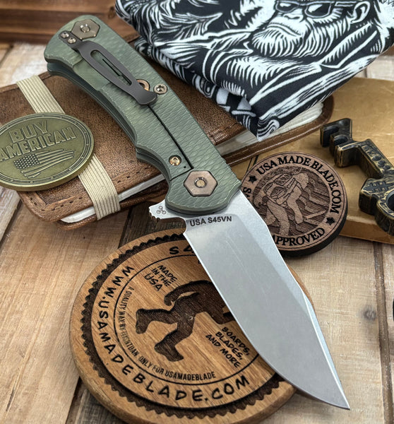 Battle Green Project X Clip Point Blade OD Green G10 Anodized Working Finish Ti with Stonewashed Finish S45VN Clip Point Blade and Bronzed Out HW