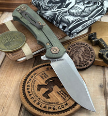 Battle Green Project X Clip Point Blade OD Green G10 Anodized Working Finish Ti with Stonewashed Finish S45VN Clip Point Blade and Bronzed Out HW
