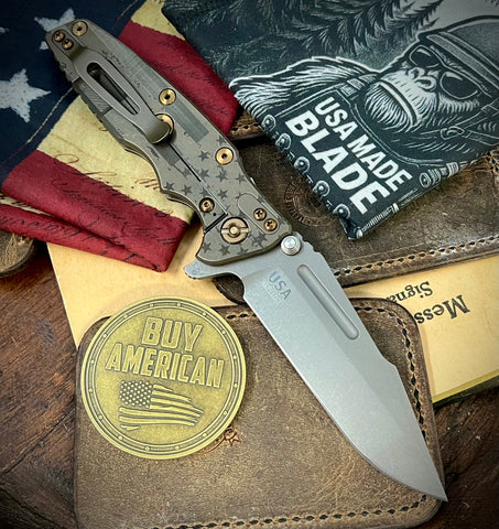 Battled Stars & Stripes Hinderer Eklipse 3.5" Skinny Fullered Harpoon Spanto Black G10 Battle Bronze Ti Working Finish Magnacut Blade Bronzed Out Hardware