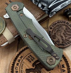 Battle Green Project X Clip Point Blade OD Green G10 Anodized Working Finish Ti with Stonewashed Finish S45VN Clip Point Blade and Bronzed Out HW